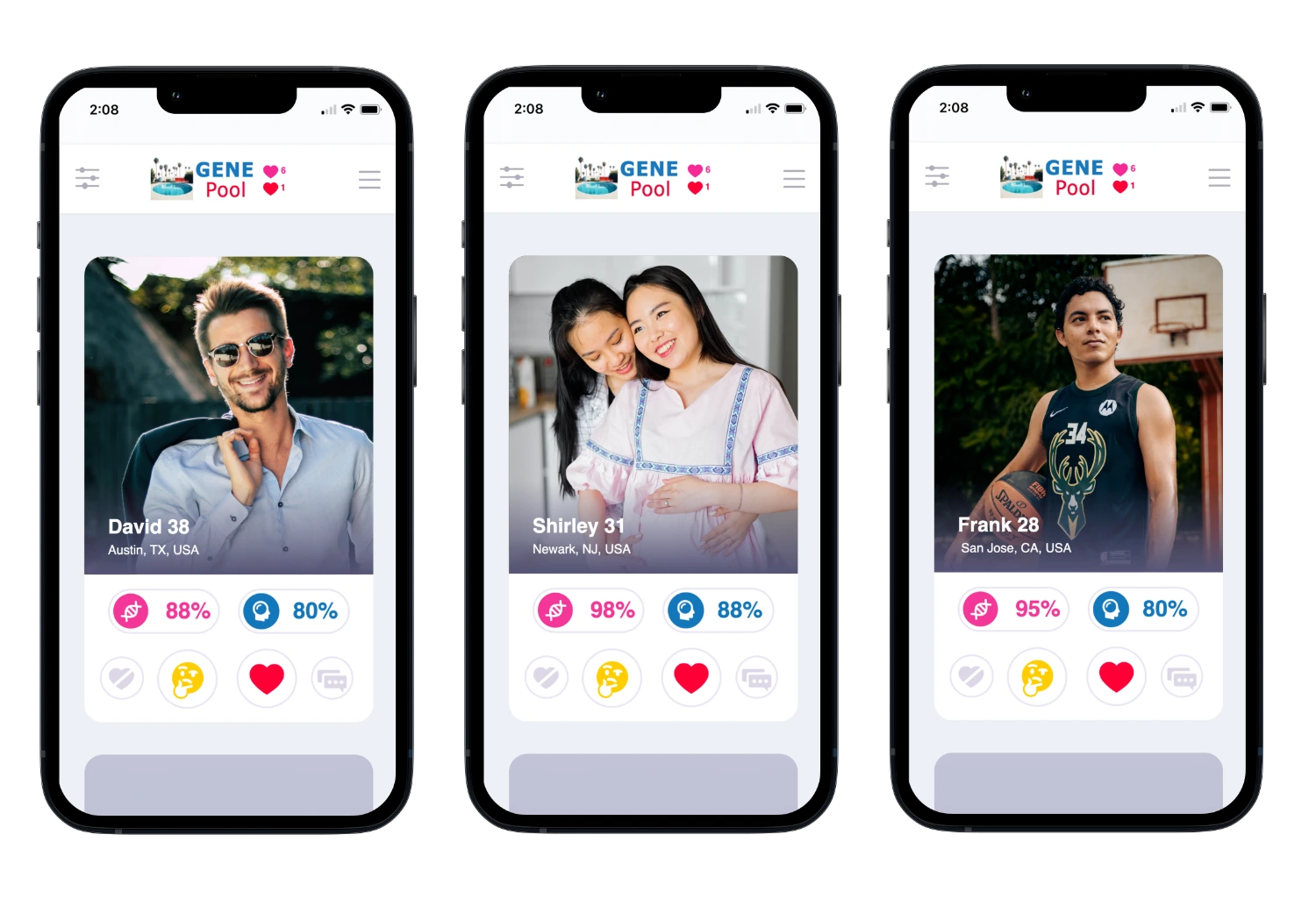 Gene Pool app screenshots showing donor, recipient, and co-parent profile cards